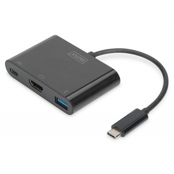 Kabel adapter DIGITUS 3w1 HDMI 4K 30Hz UHD 1xUSB Typ C PD 1xUSB A na USB 3.1 Typ C czarny