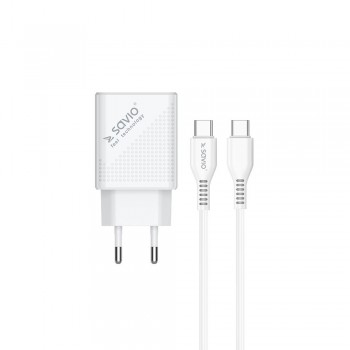 Ładowarka sieciowa Savio LA-05 USB Quick Charge Power Delivery 3.0 18W, 1xUSB Type C, 1xUSB, kabel 1m, biała