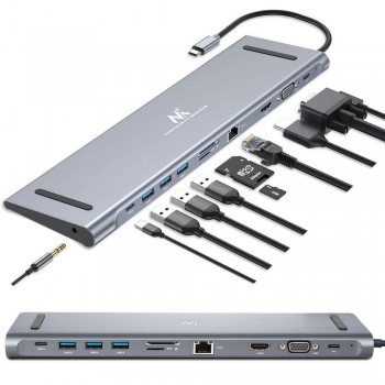 Stacja dokująca HUB USB Typ-C Maclean MCTV-850, HDMI / USB 3.0 / USB-C / VGA/ RJ-45 / PD (Power Delivery), aluminiowa obudowa