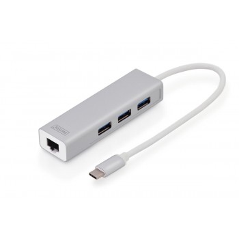 HUB/Koncentrator DIGITUS 3-portowy USB Typ C, USB A HighSpeed z Gigabit LAN aluminium