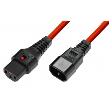 Kabel przedłużający zasilający z blokadą IEC LOCK 3x1mm2 C14/C13 prosty M/Ż 1m czerwony