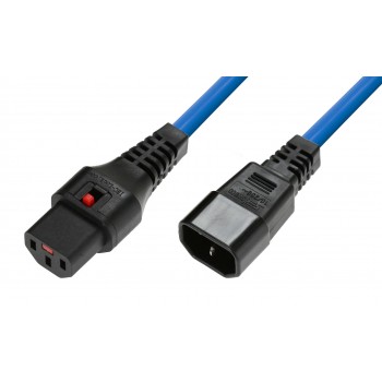 Kabel przedłużający zasilający z blokadą IEC LOCK 3x1mm2 C14/C13 prosty M/Ż 1m niebieski
