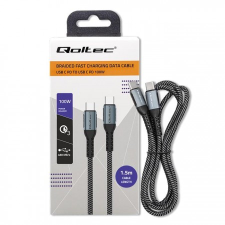 Kabel USB Qoltec 2.0 typ C | USB 2.0 typ C 100W | QC 3.0 | PD | 1.5m | Czarny