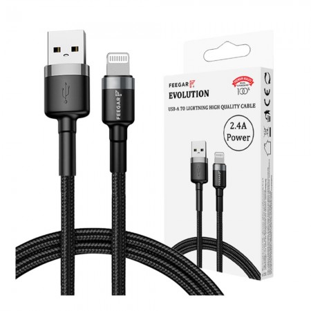 Kabel USB 3.0 Feegar Evolution FEE-01903 USB-A – Lightning nylonowy 2.4A 1m czarno-szary