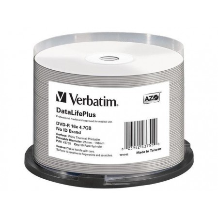 DVD-R Verbatim 4.7GB X16 AZO DL+ printable thermal białe NO ID (50 Cake)